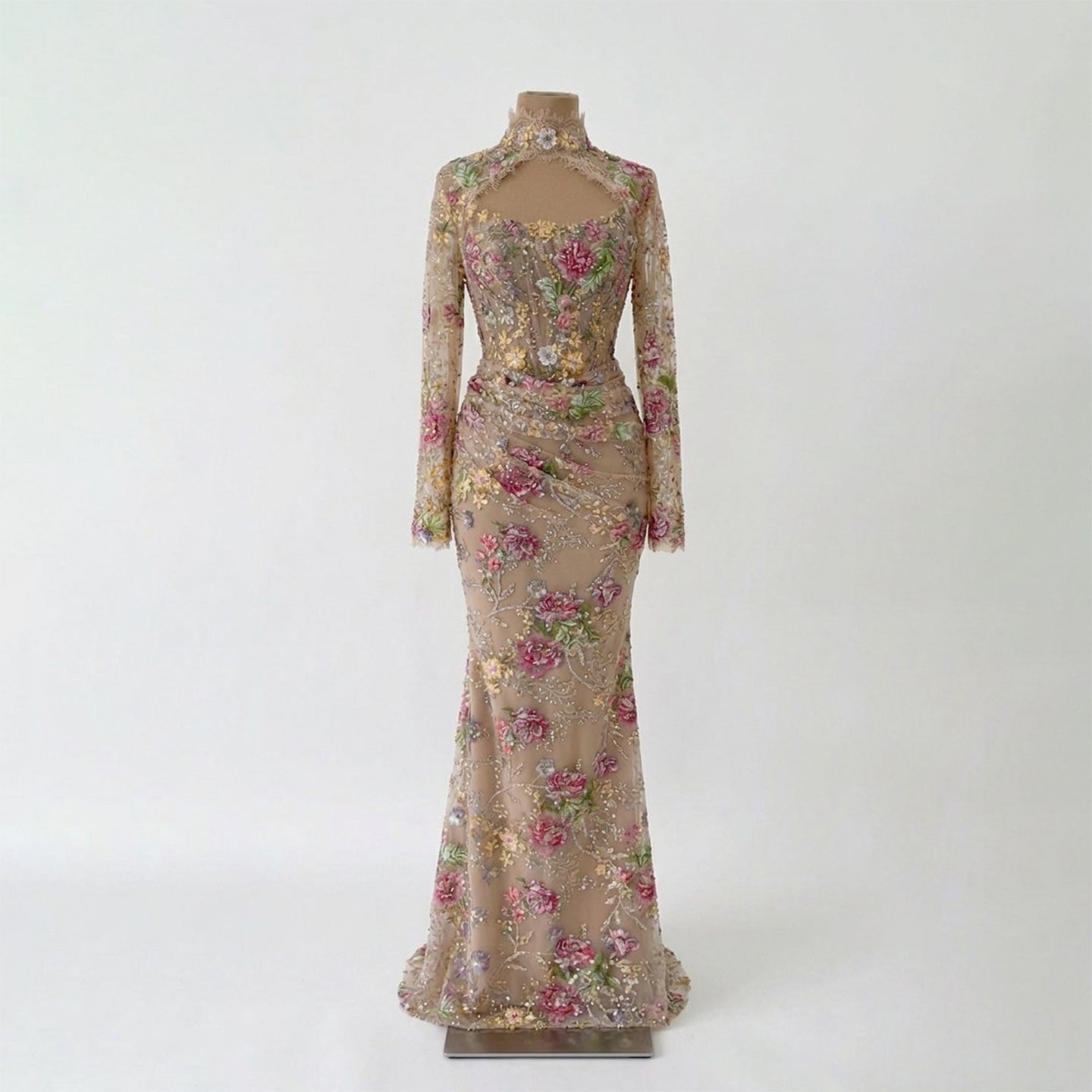 Luxury Nude Pink Floral Beaded Mermaid Evening Dress LA73552F