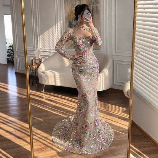 Luxury Nude Pink Beaded Long Sleeve Mermaid Evening Dress LA73552FF