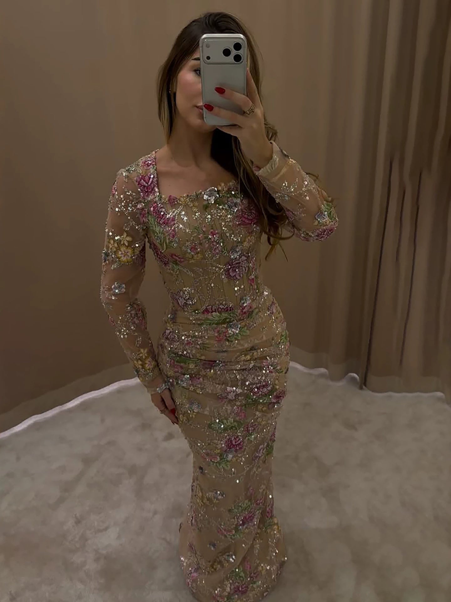 Luxury Nude Pink Floral Beaded Mermaid Evening Dress LA73552G