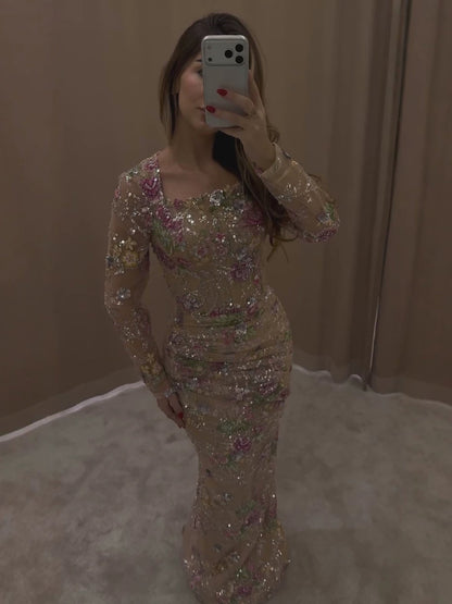 Luxury Nude Pink Floral Beaded Mermaid Evening Dress LA73552G