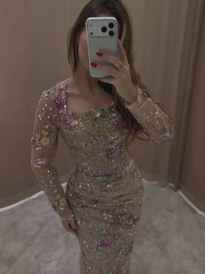 Luxury Nude Pink Floral Beaded Mermaid Evening Dress LA73552G