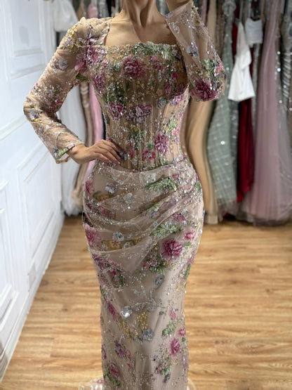 Luxury Nude Pink Floral Beaded Mermaid Evening Dress LA73552G