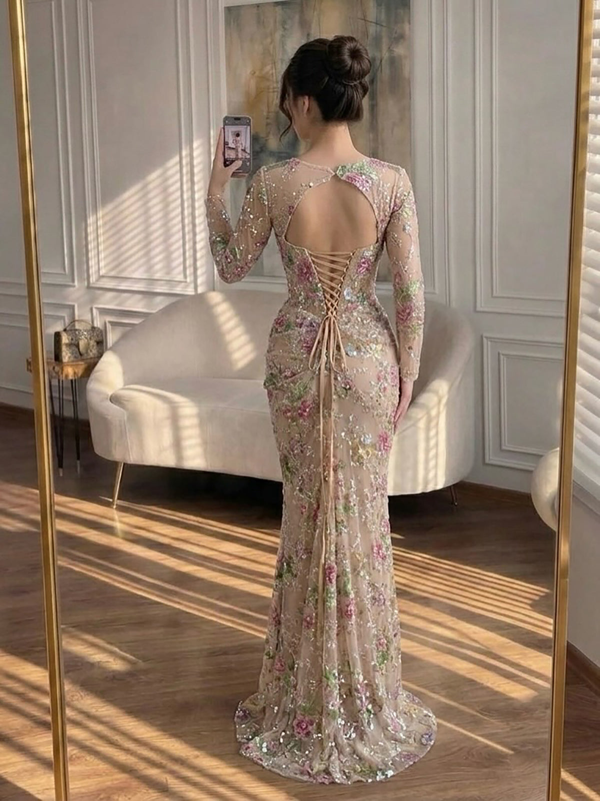 Luxury Nude Pink Floral Beaded Mermaid Evening Dress LA73552G