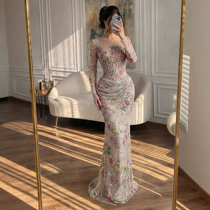 Luxury Nude Pink Floral Beaded Mermaid Evening Dress LA73552G