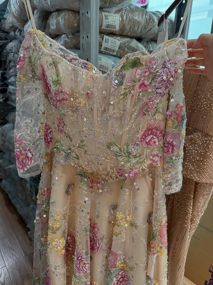 Luxury Pink Floral Beaded A Line Dress with Sleeves LA73552H