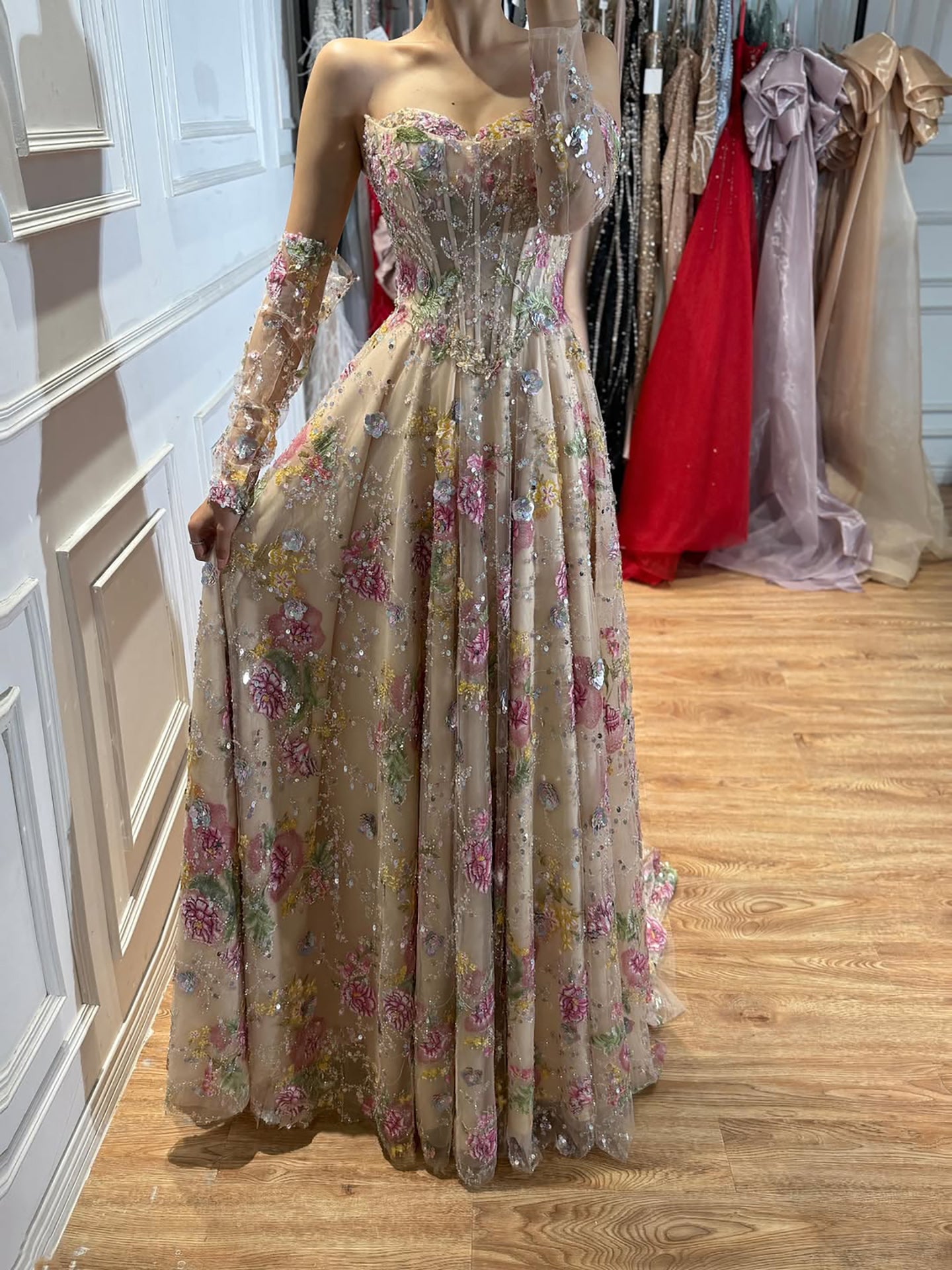 Luxury Pink Floral Beaded A Line Dress with Sleeves LA73552H