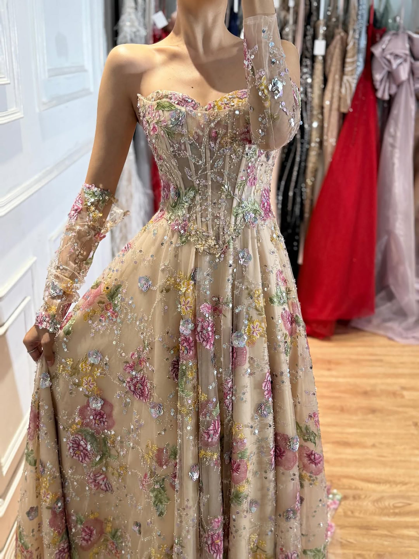 Luxury Pink Floral Beaded A Line Dress with Sleeves LA73552H