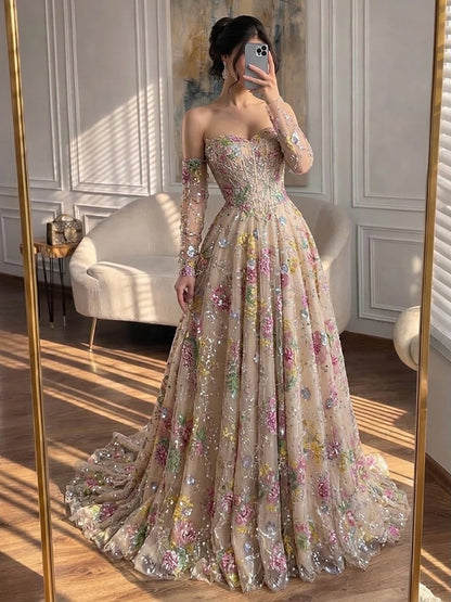 Luxury Pink Floral Beaded A Line Dress with Sleeves LA73552H