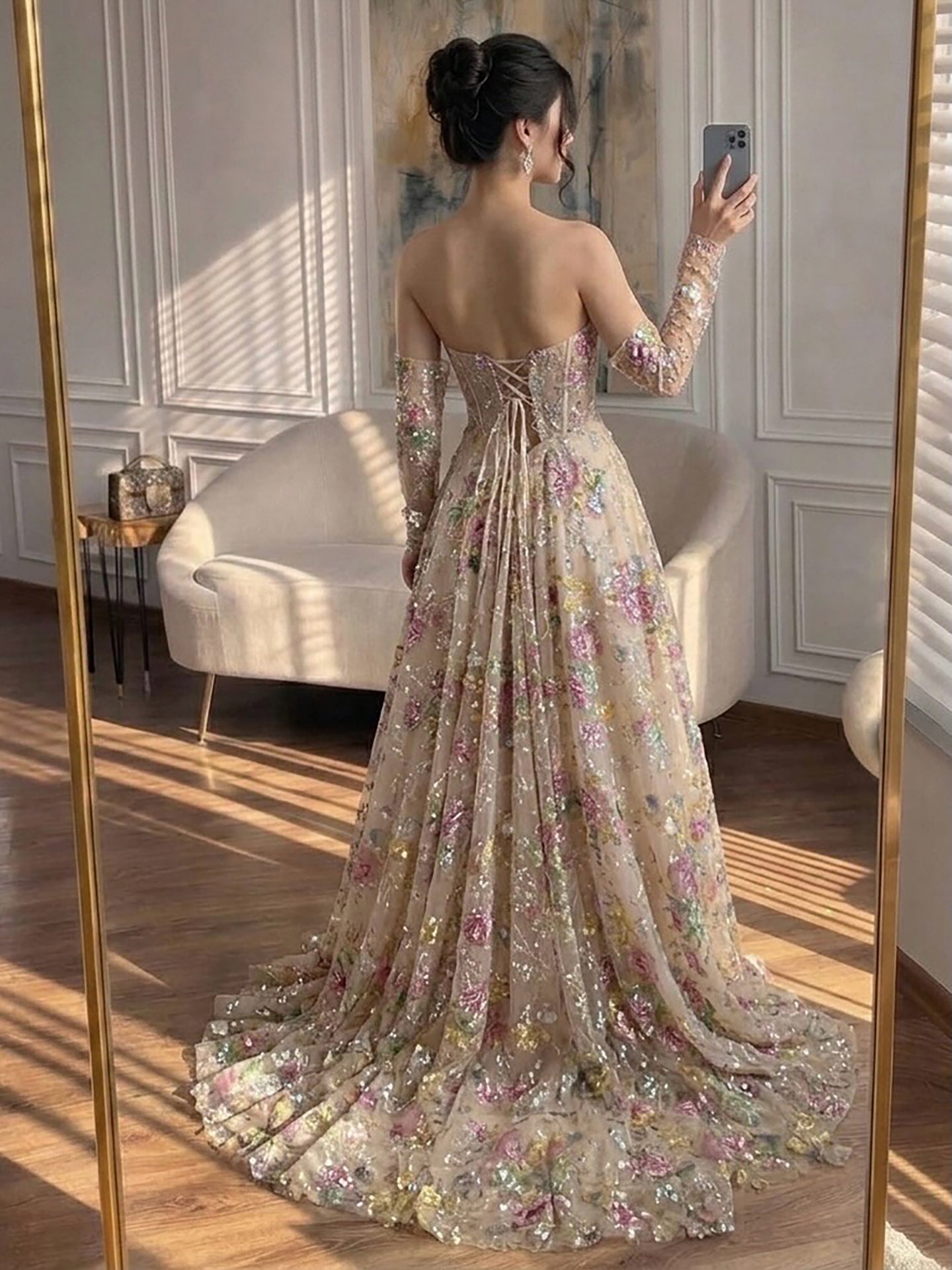 Luxury Pink Floral Beaded A Line Dress with Sleeves LA73552H