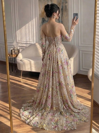 Luxury Pink Floral Beaded A Line Dress with Sleeves LA73552H