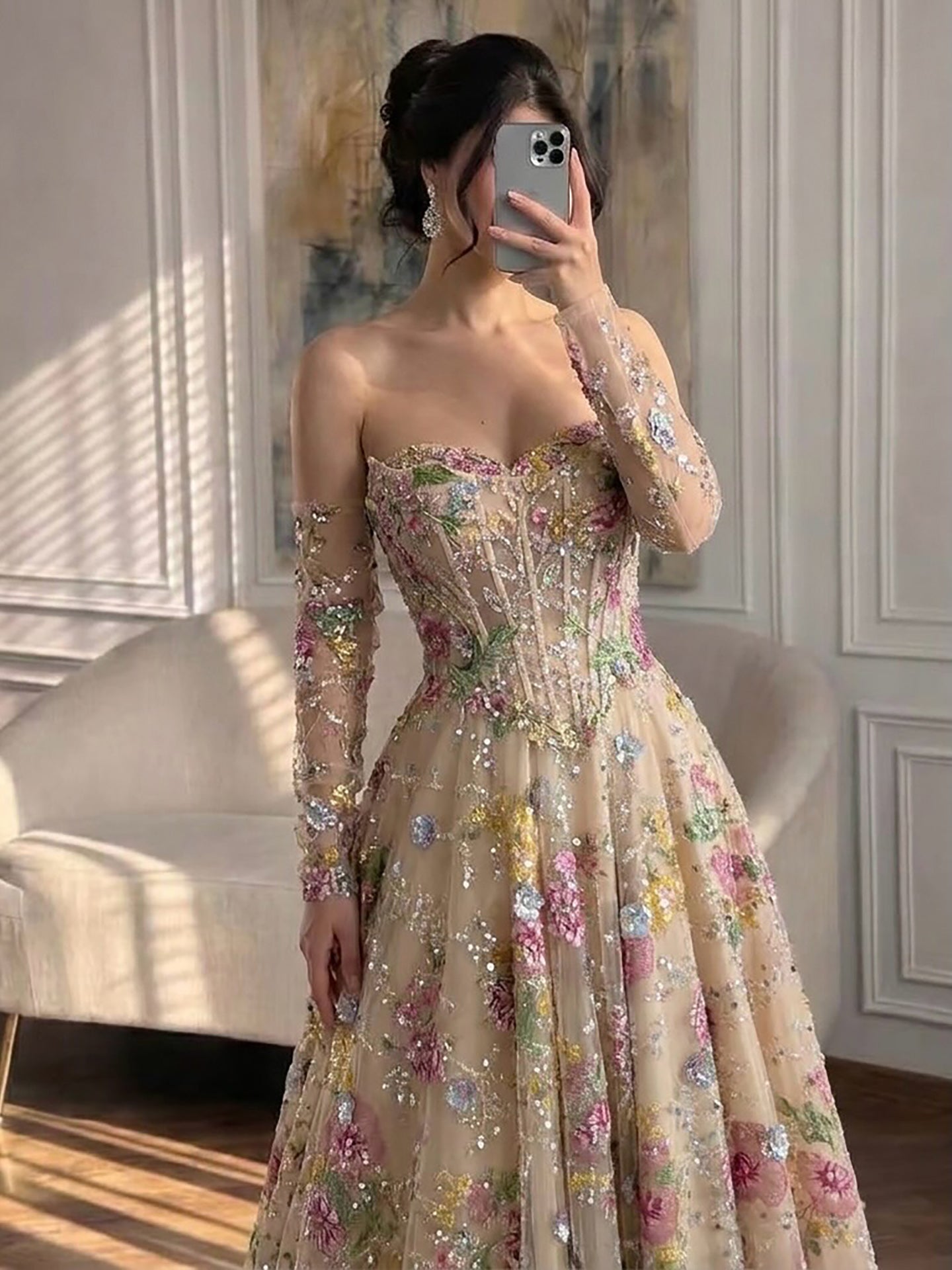 Luxury Pink Floral Beaded A Line Dress with Sleeves LA73552H