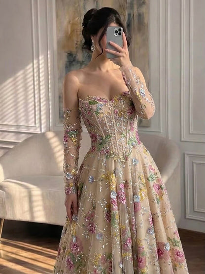 Luxury Pink Floral Beaded A Line Dress with Sleeves LA73552H