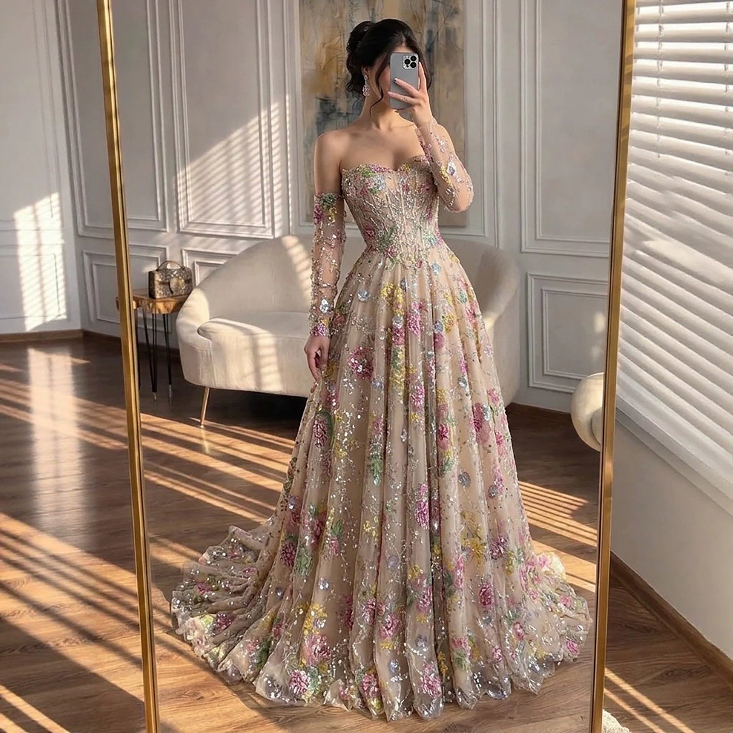 Luxury Nude Pink Floral Beaded A Line Dress with Sleeves LA73552H