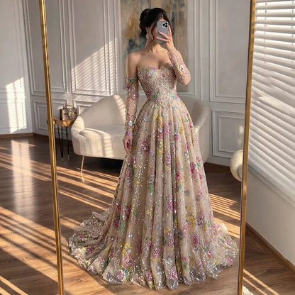 Luxury Nude Pink Floral Beaded A Line Dress with Sleeves LA73552H