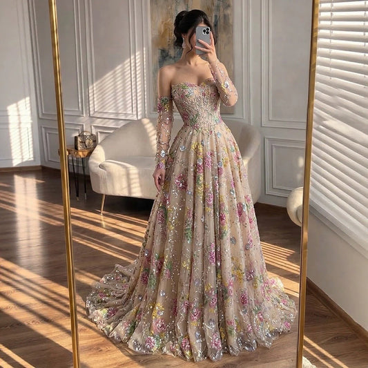 Luxury Nude Pink Floral Beaded A Line Dress with Sleeves LA73552H