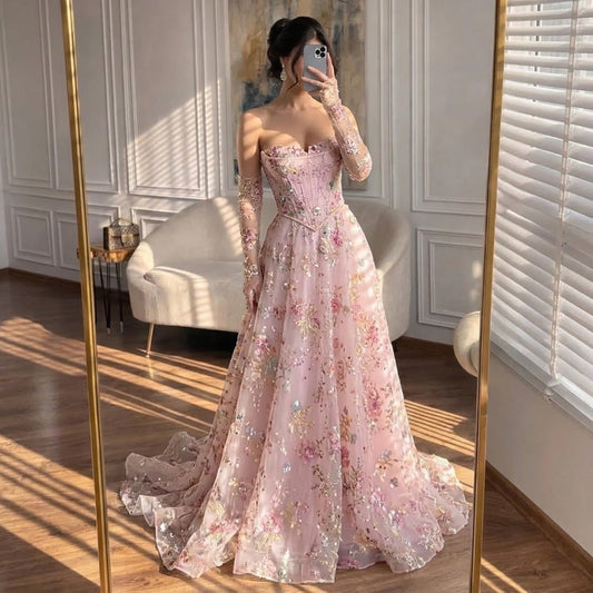Luxury Pink Floral Beaded A Line Dress with Sleeves LA73552H