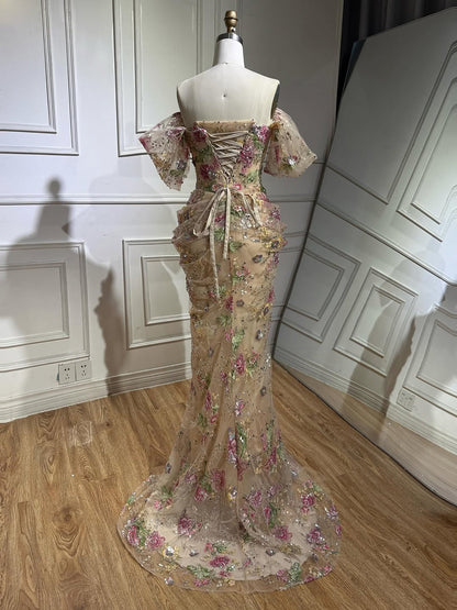 Luxury Nude Floral Off Shoulder Mermaid Dress LA73552I