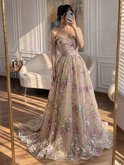 Luxury Nude Pink Off-Shoulder Floral Evening Dress LA73552K