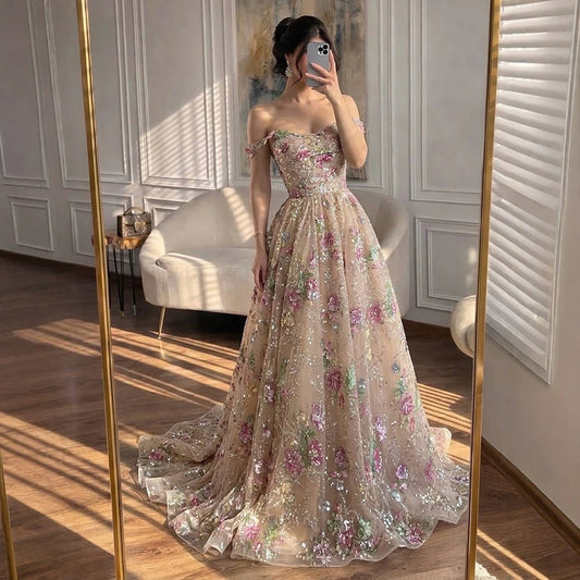 Luxury Nude Pink Off-Shoulder Floral Evening Dress LA73552K