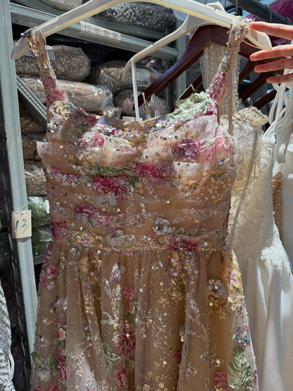 Luxury Nude Pink Off-Shoulder Floral Evening Dress LA73552K