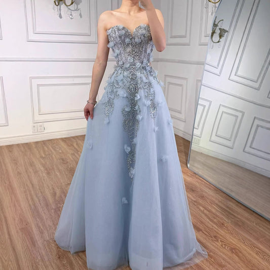 Luxury Blue Strapless 3D Flower Beaded A-Line Prom Dress LA73553
