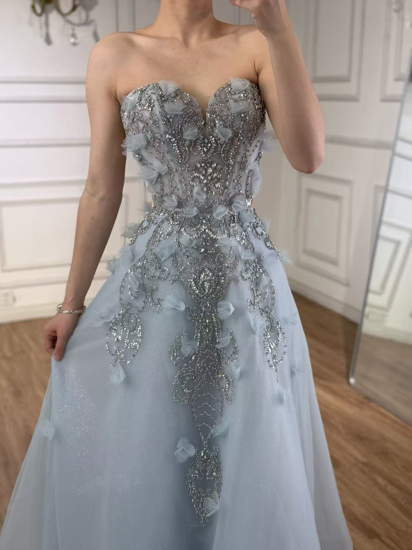 Luxury Blue Strapless 3D Flower Beaded A-Line Prom Dress LA73553