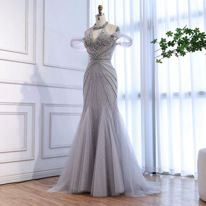 Luxury Gray Off The Shoulder Feather Beaded Mermaid Evening Dress LA73554