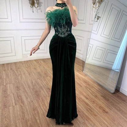Luxury Green Feather Strapless Beaded Mermaid Prom Dress LA73555