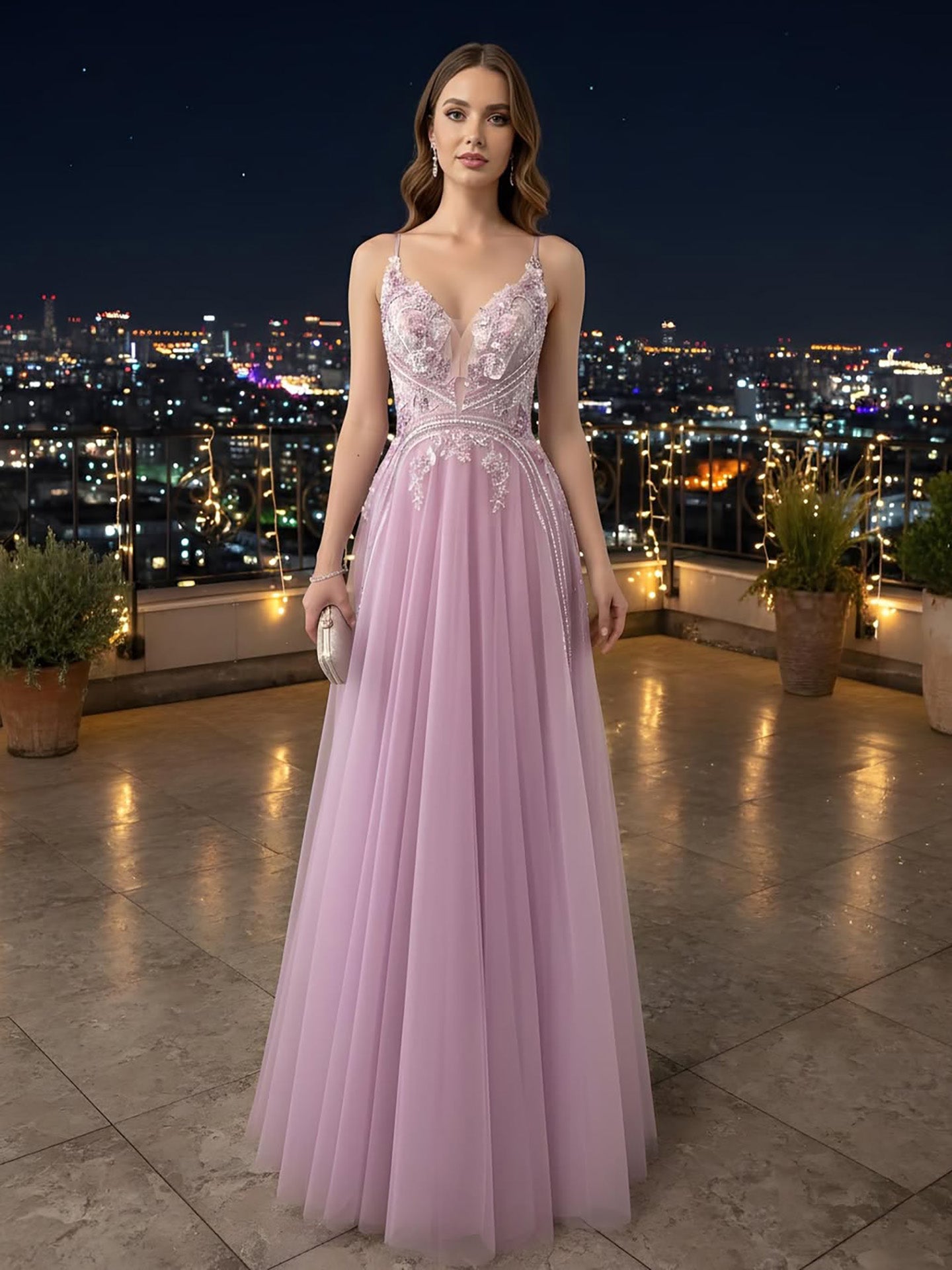 Dubai Pink Spaghetti Strap Flower A Line Beaded Evening Prom Dress LA73557