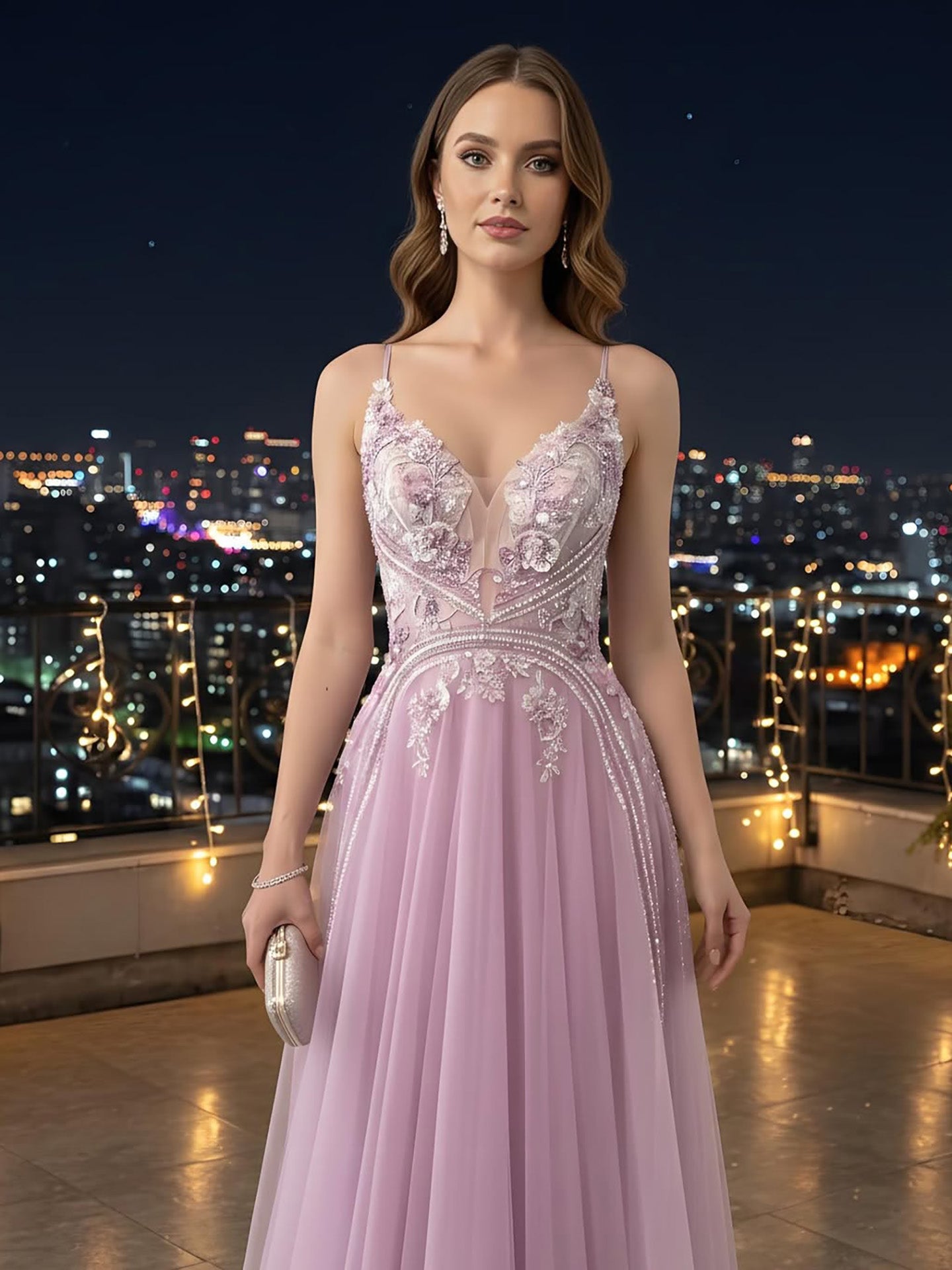 Dubai Pink Spaghetti Strap Flower A Line Beaded Evening Prom Dress LA73557