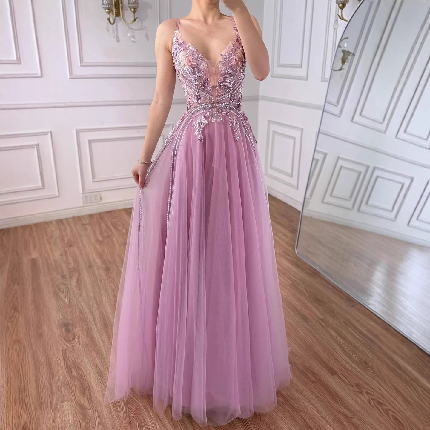 Dubai Pink Spaghetti Strap Flower A Line Beaded Evening Prom Dress LA73557