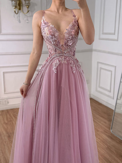 Dubai Pink Spaghetti Strap Flower A Line Beaded Evening Prom Dress LA73557