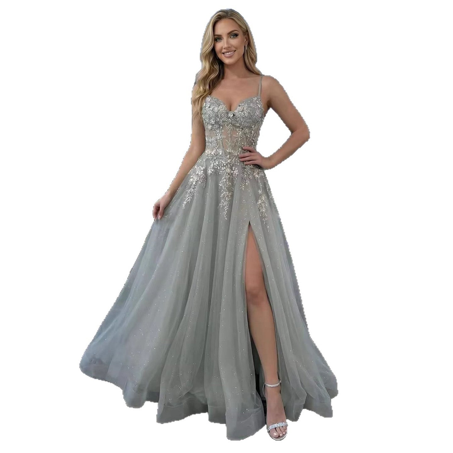 Luxury Sage Green Appliques Beaded A-Line Prom Dress LA73558