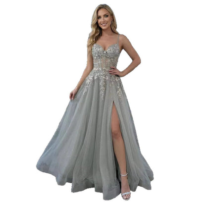 Luxury Sage Green Appliques Beaded A-Line Prom Dress LA73558
