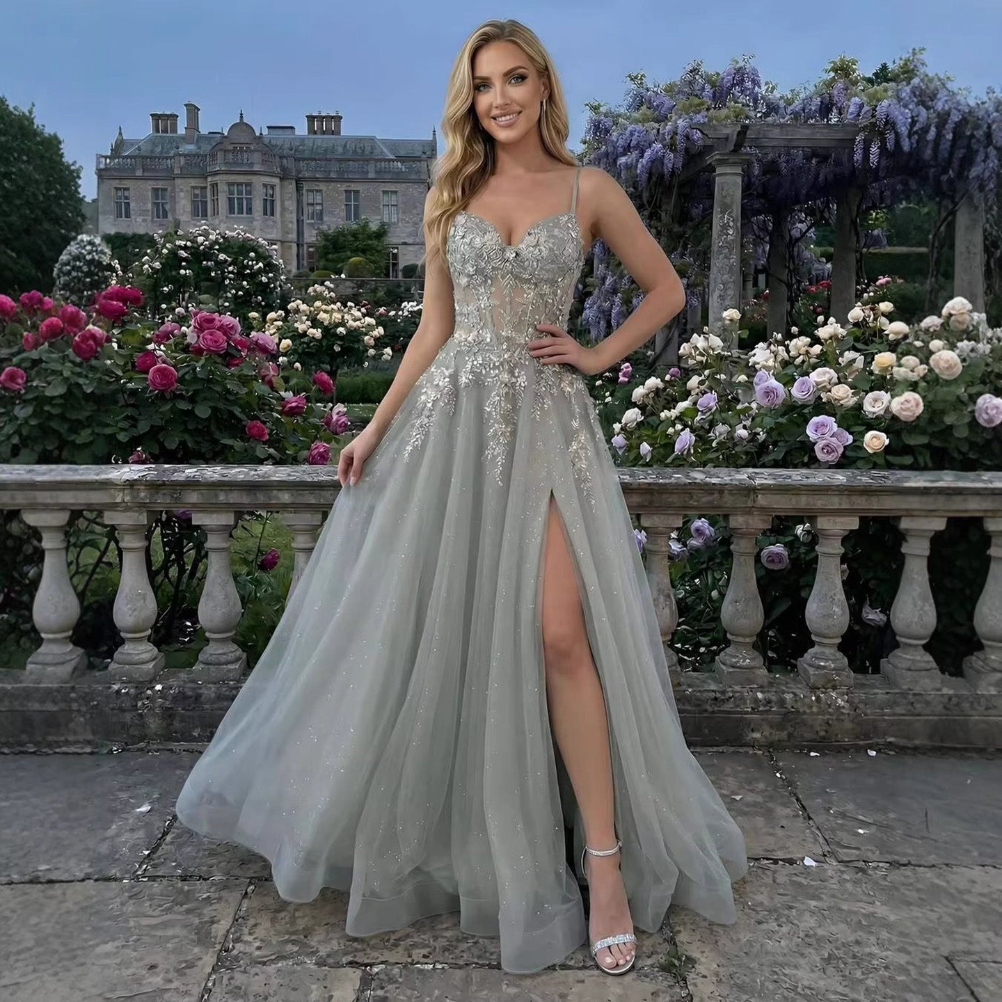 Luxury Sage Green Appliques Beaded A-Line Prom Dress LA73558