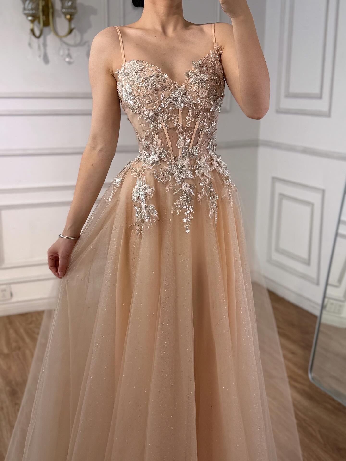 Luxury Sage Green Appliques Beaded A-Line Prom Dress LA73558