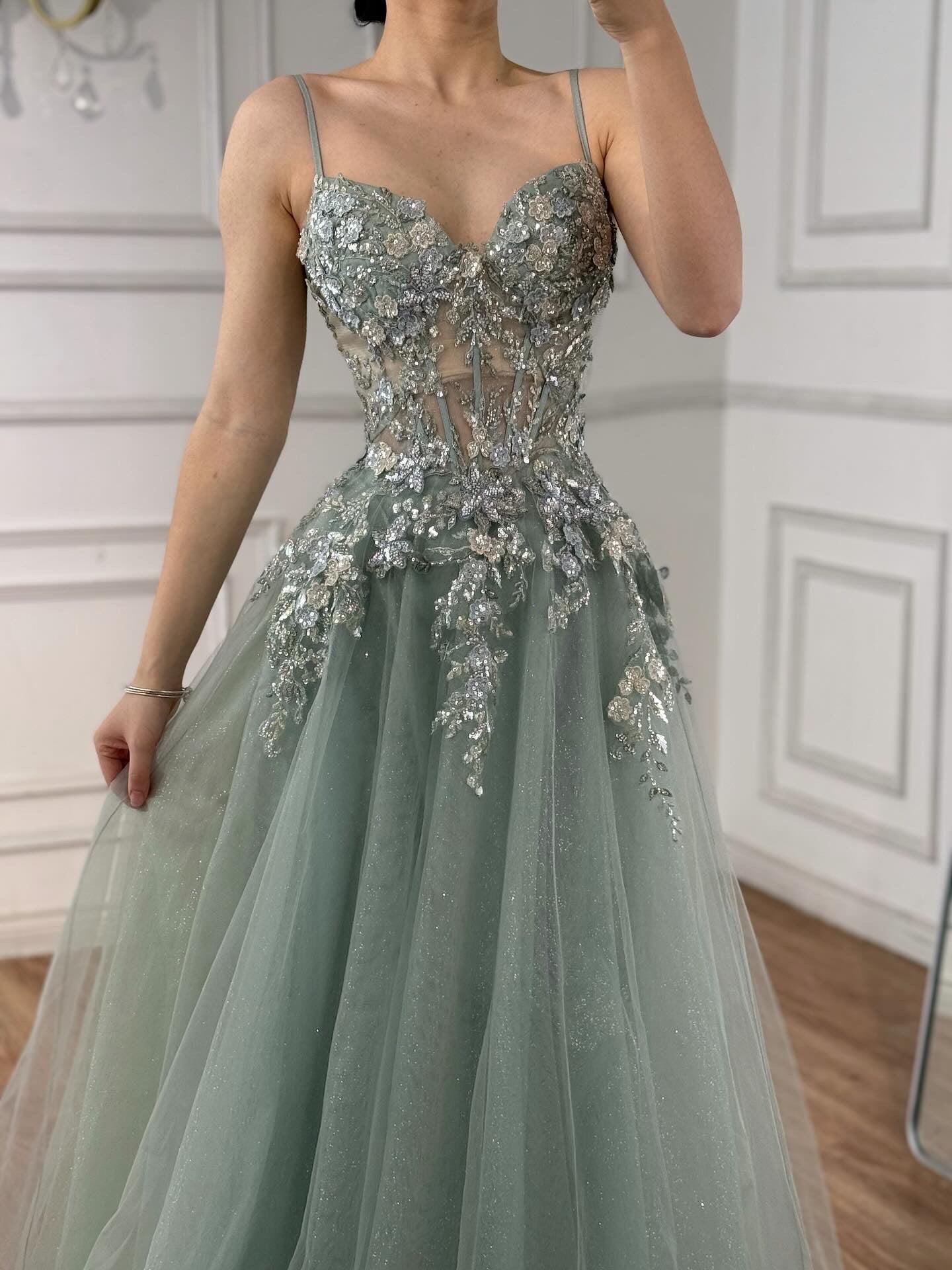 Luxury Sage Green Appliques Beaded A-Line Prom Dress LA73558