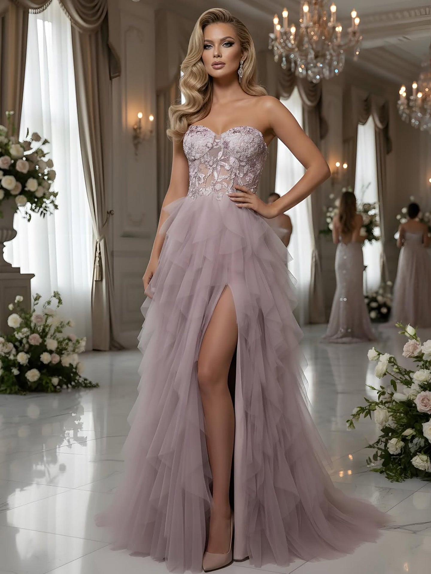 Luxury Pink Beaded Appliques A Line Prom Dress High Split LA73559