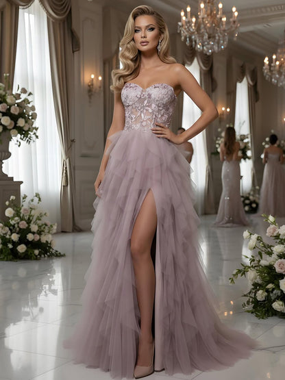 Luxury Pink Beaded Appliques A Line Prom Dress High Split LA73559