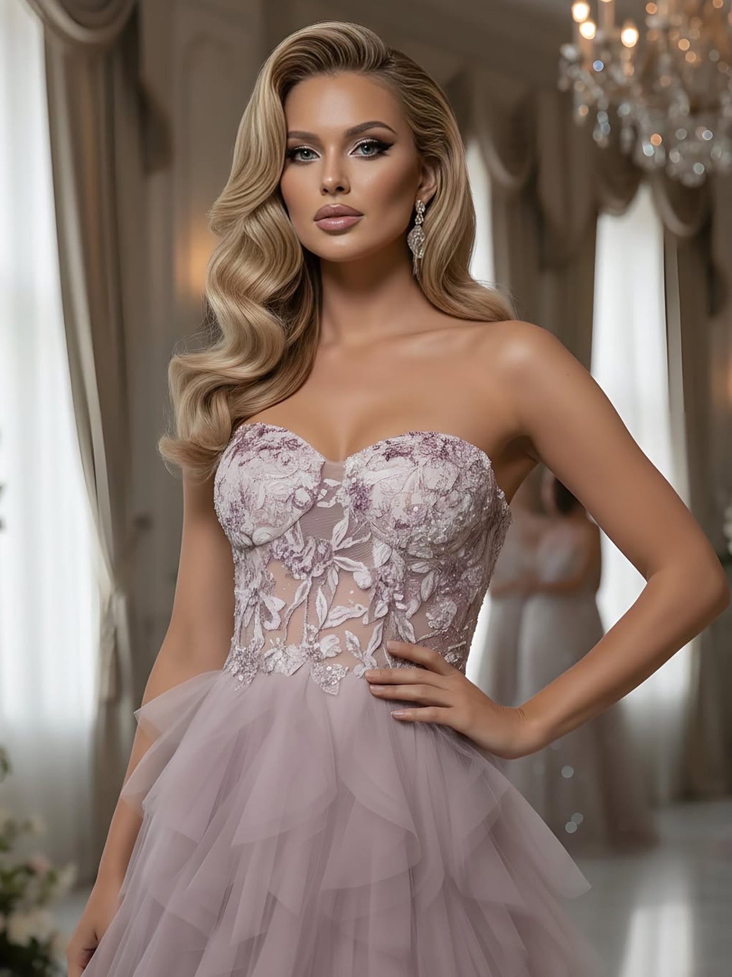 Luxury Pink Beaded Appliques A Line Prom Dress High Split LA73559