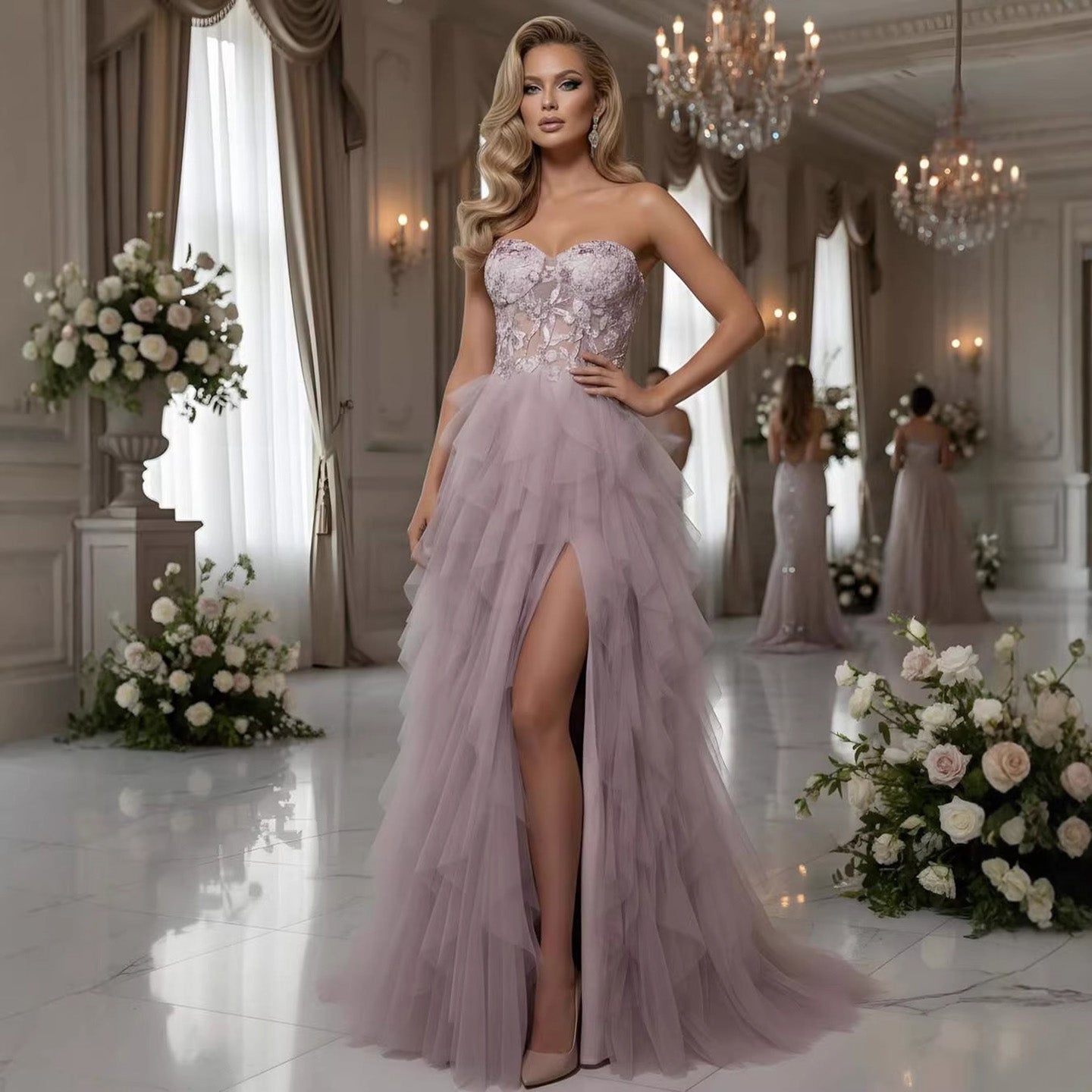 Luxury Pink Beaded Appliques A Line Prom Dress High Split LA73559