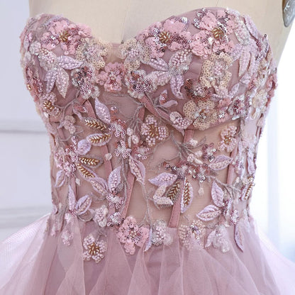 Luxury Pink Beaded Appliques A Line Prom Dress High Split LA73559