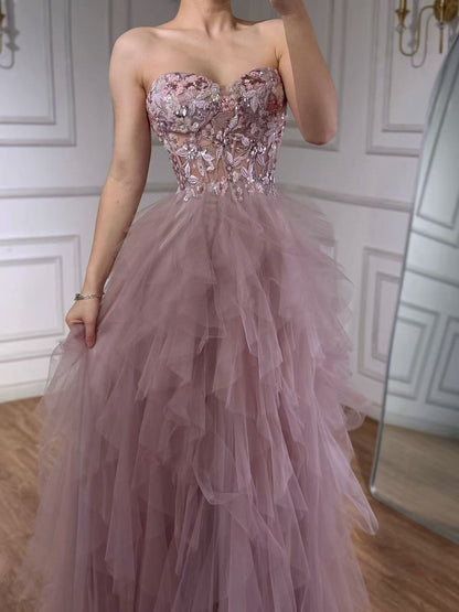 Luxury Pink Beaded Appliques A Line Prom Dress High Split LA73559