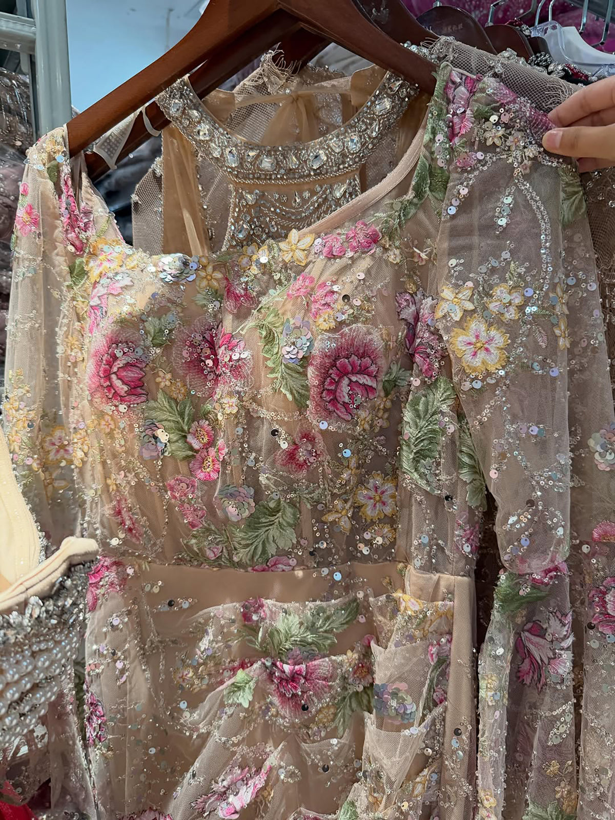 Luxury Nude Pink Floral Beaded Mermaid Evening Dress Long Sleeves LA73552B