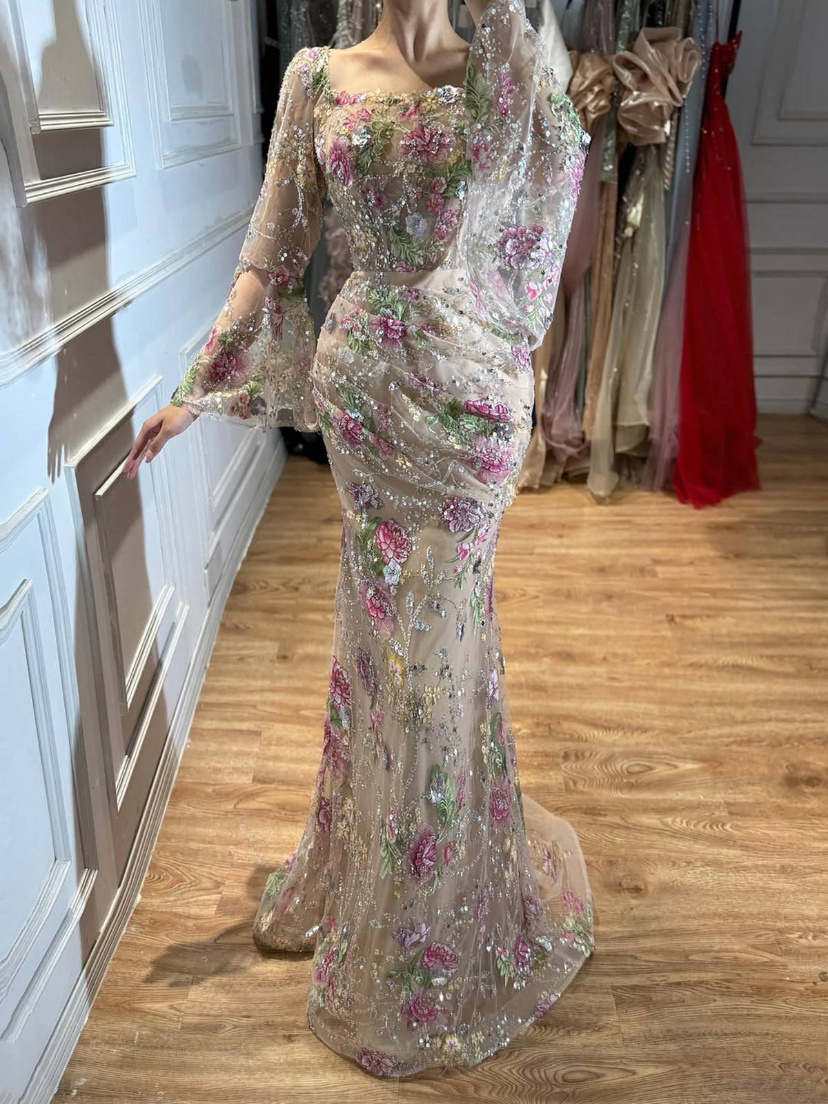 Luxury Nude Pink Floral Beaded Mermaid Evening Dress Long Sleeves LA73552B