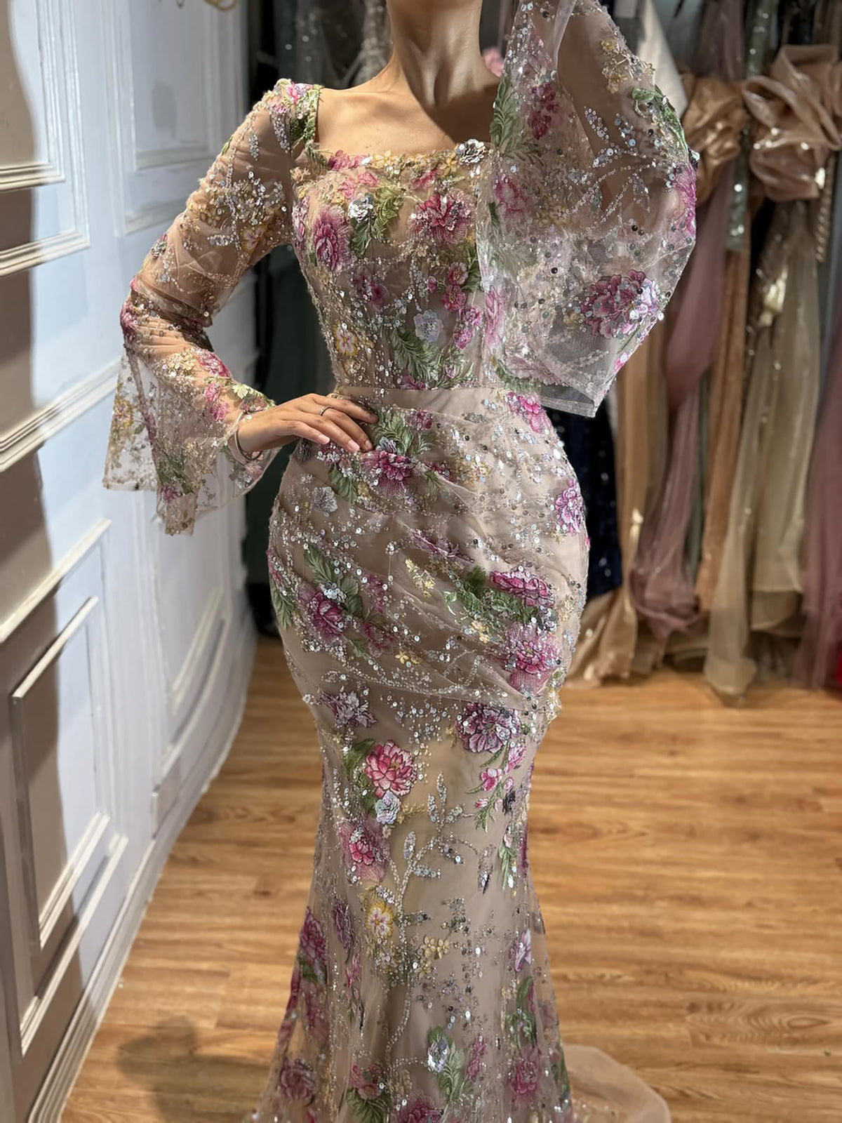 Luxury Nude Pink Floral Beaded Mermaid Evening Dress Long Sleeves LA73552B
