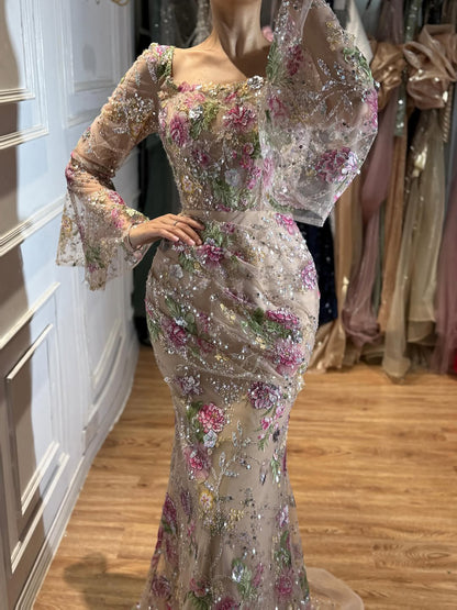 Luxury Nude Pink Floral Beaded Mermaid Evening Dress Long Sleeves LA73552B