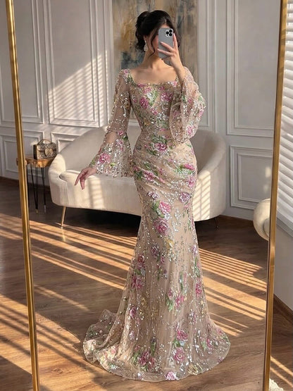 Luxury Nude Pink Floral Beaded Mermaid Evening Dress Long Sleeves LA73552B