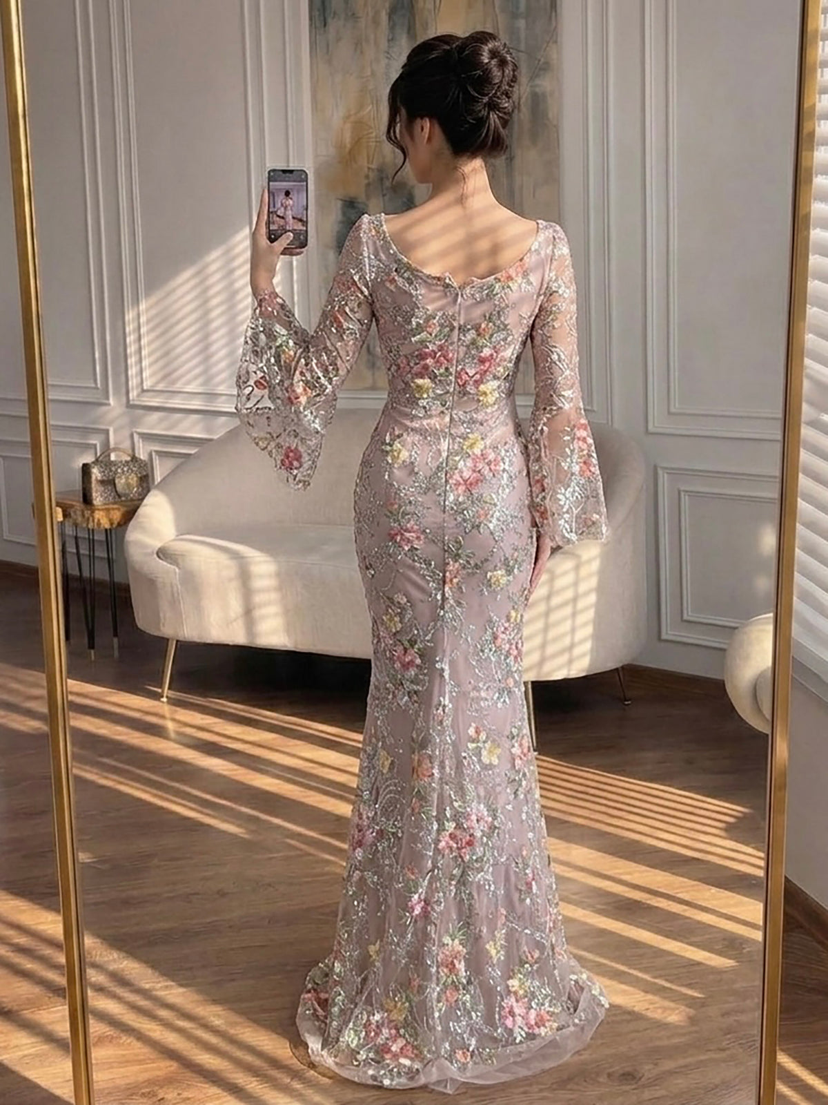 Luxury Nude Pink Floral Beaded Mermaid Evening Dress Long Sleeves LA73552B