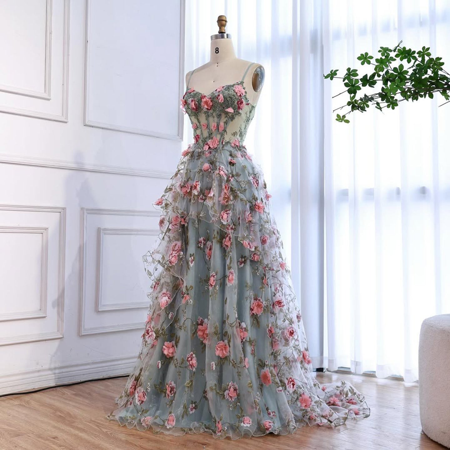 Luxury Sage Green 3D Floral Beaded A-Line Prom Dress LA73560